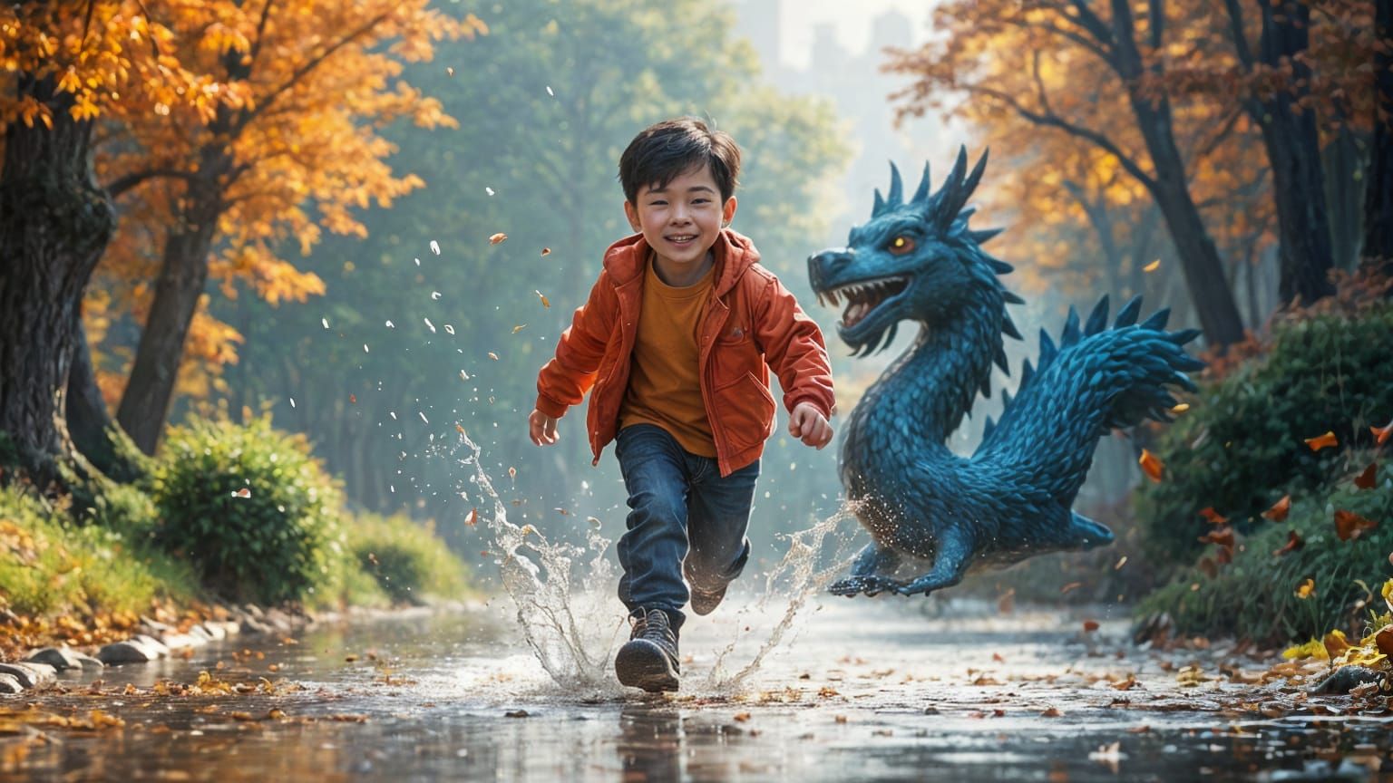 Smiling Chinese Boy Running, Detailed Matte Painting