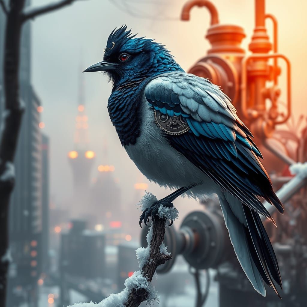 Majestic Oriental Magpie in Cyberpunk Seoul