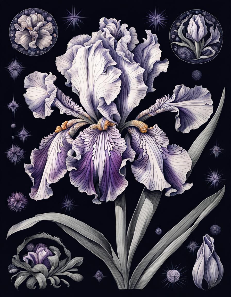 Botanical Ink Sketch of a Bearded Iris