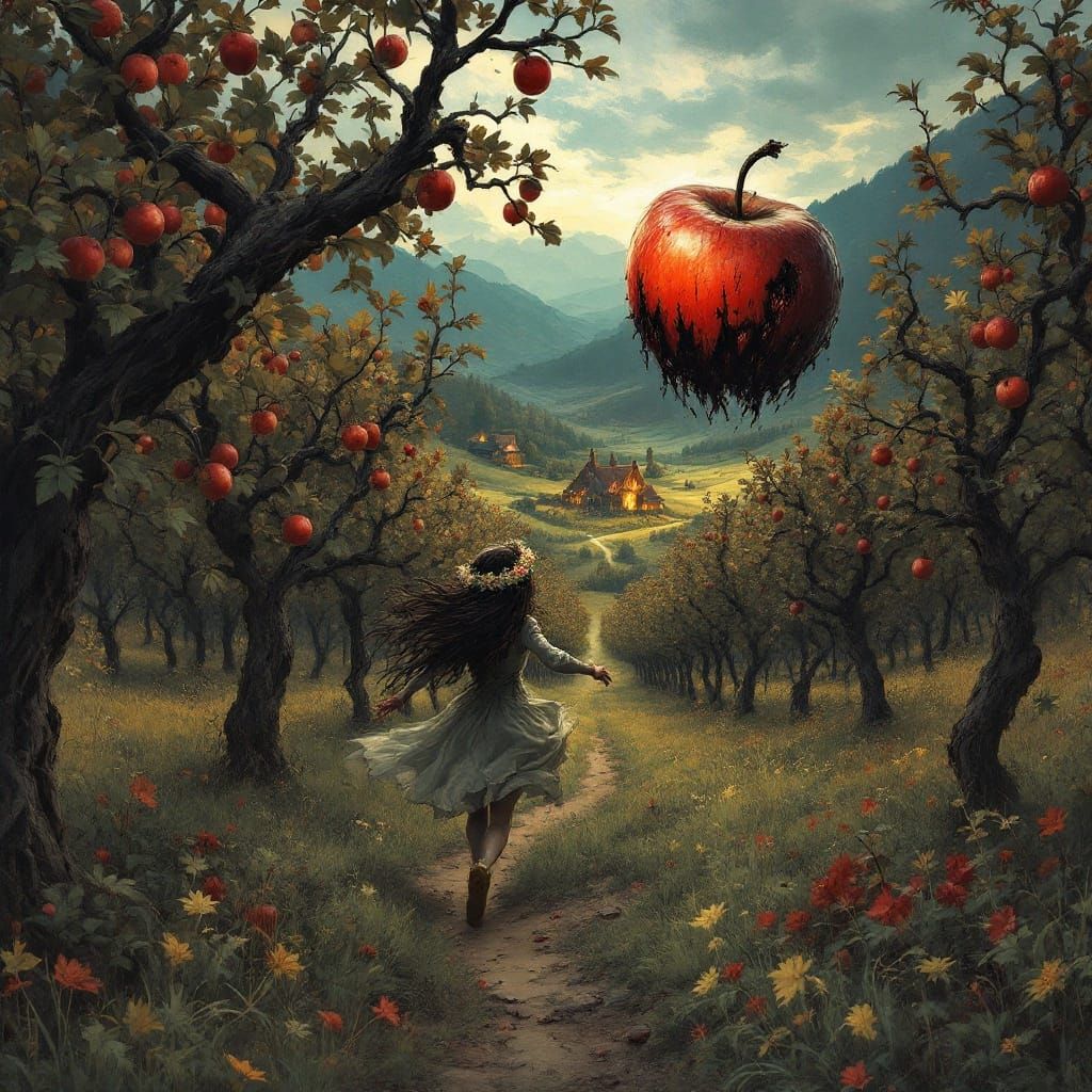 Dark Fantasy Maiden Chased by Monstrous Apple in Autumn Vall...