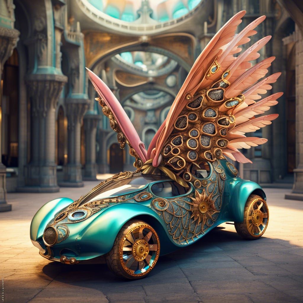Fantasy Car in Gaudí Style with Wings