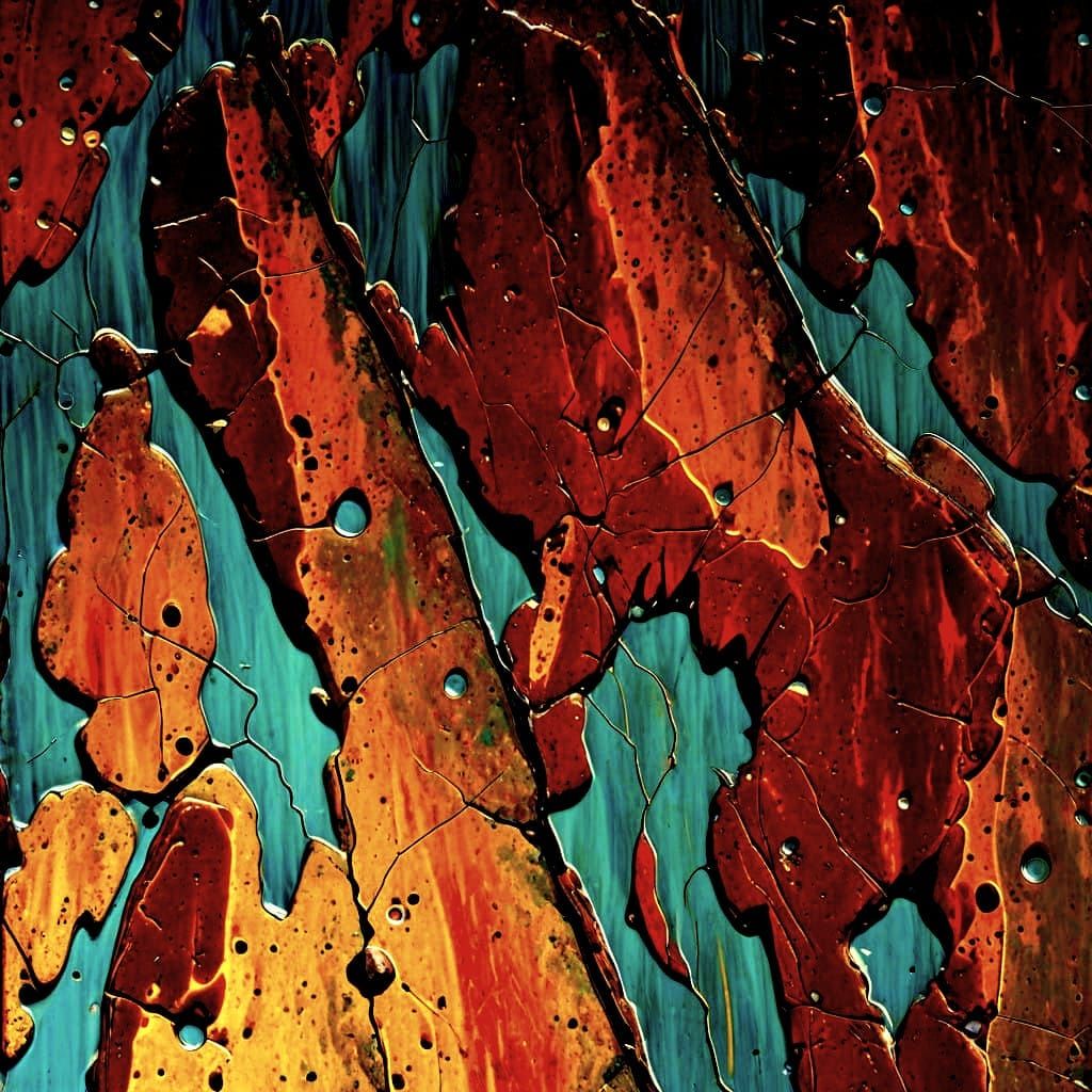 Rusted Metal Surface with Leaking Paint in Warm Colors