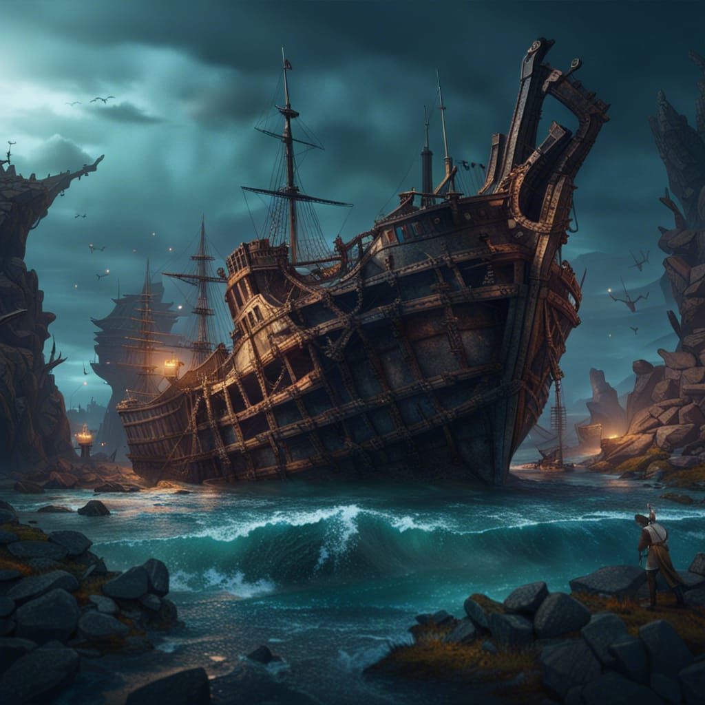 Shipwreck Landscape: Detailed Matte Painting in Deep Color