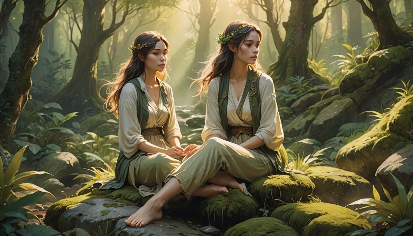 A serene woman with delicate features and a calm, reflective expression sits cross-legged on a moss-covered rock, surrou...