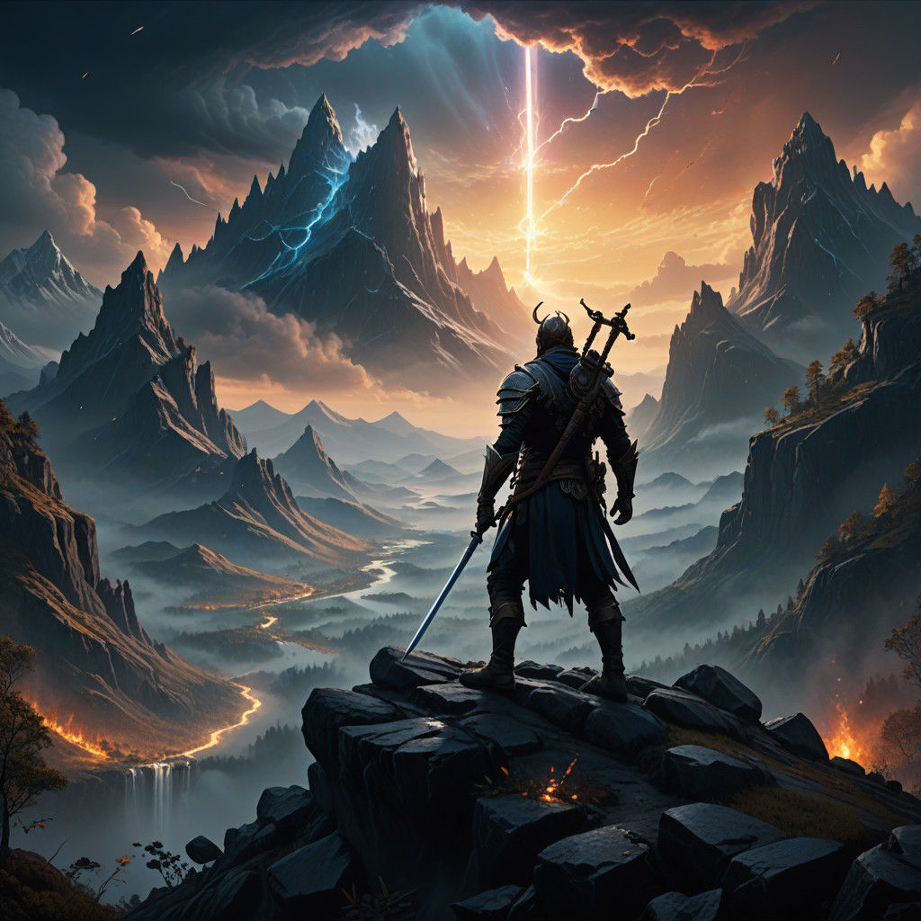 Heroic Warrior on Mystic Mountain Peak in Cyberpunk Style