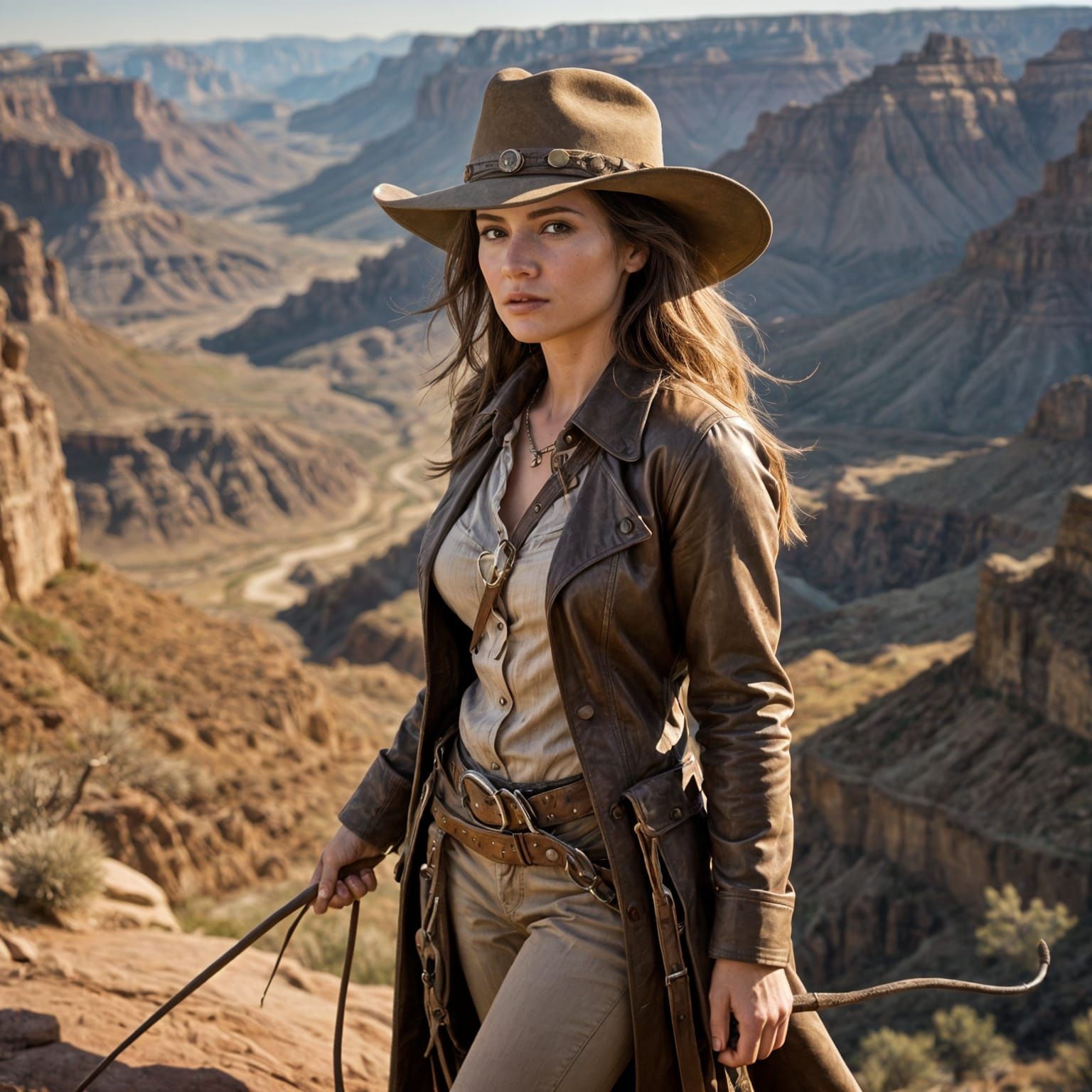 Fierce Cowgirl Overlooking Arid Canyon at Golden Hour