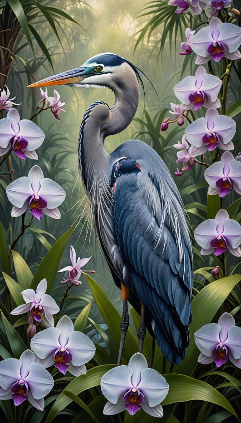 Great Blue Heron with Orchids in Ethereal Light