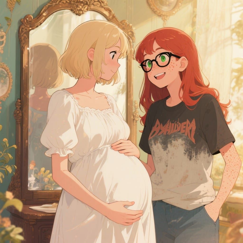 Pregnant Woman Admiring Herself, Anime Style