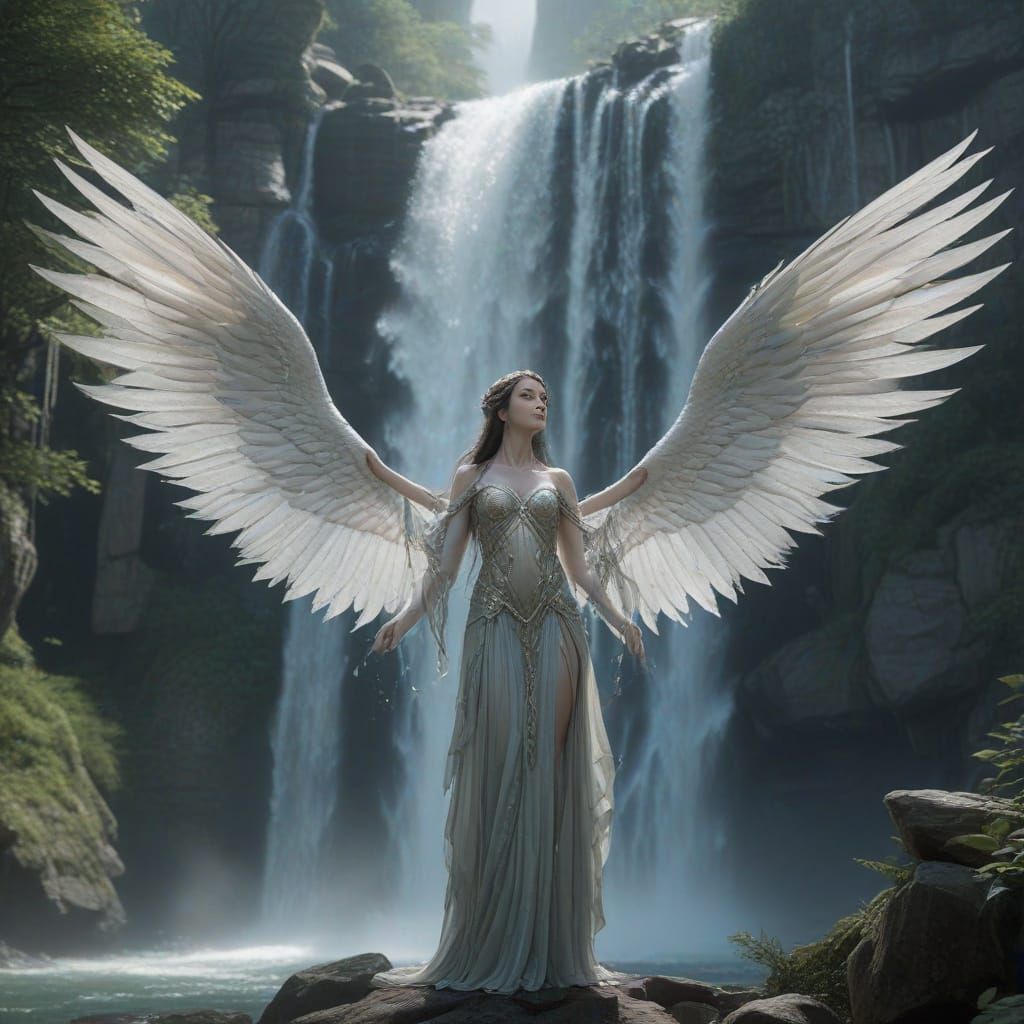 Serene Elf Maiden Before Majestic Waterfall