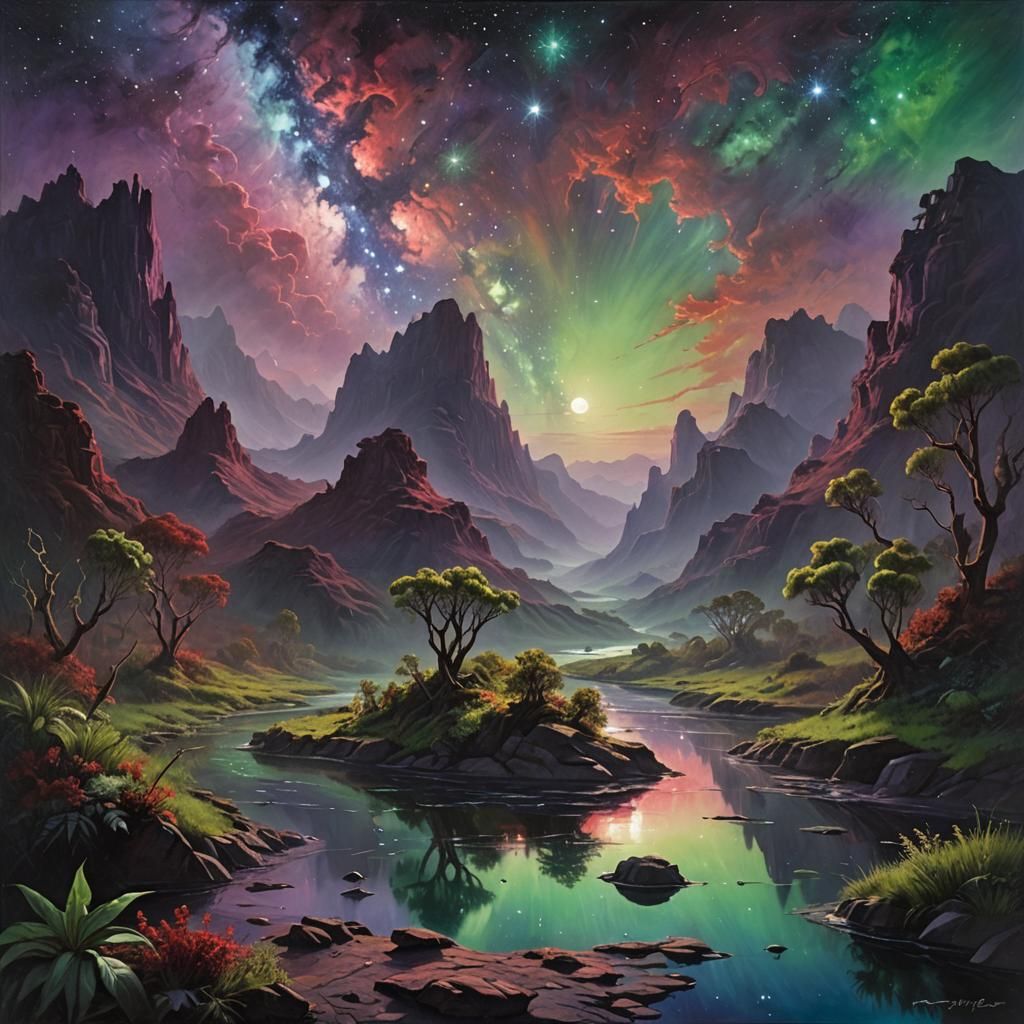 Exotic Plants in an Alien Valley, Oil Painting