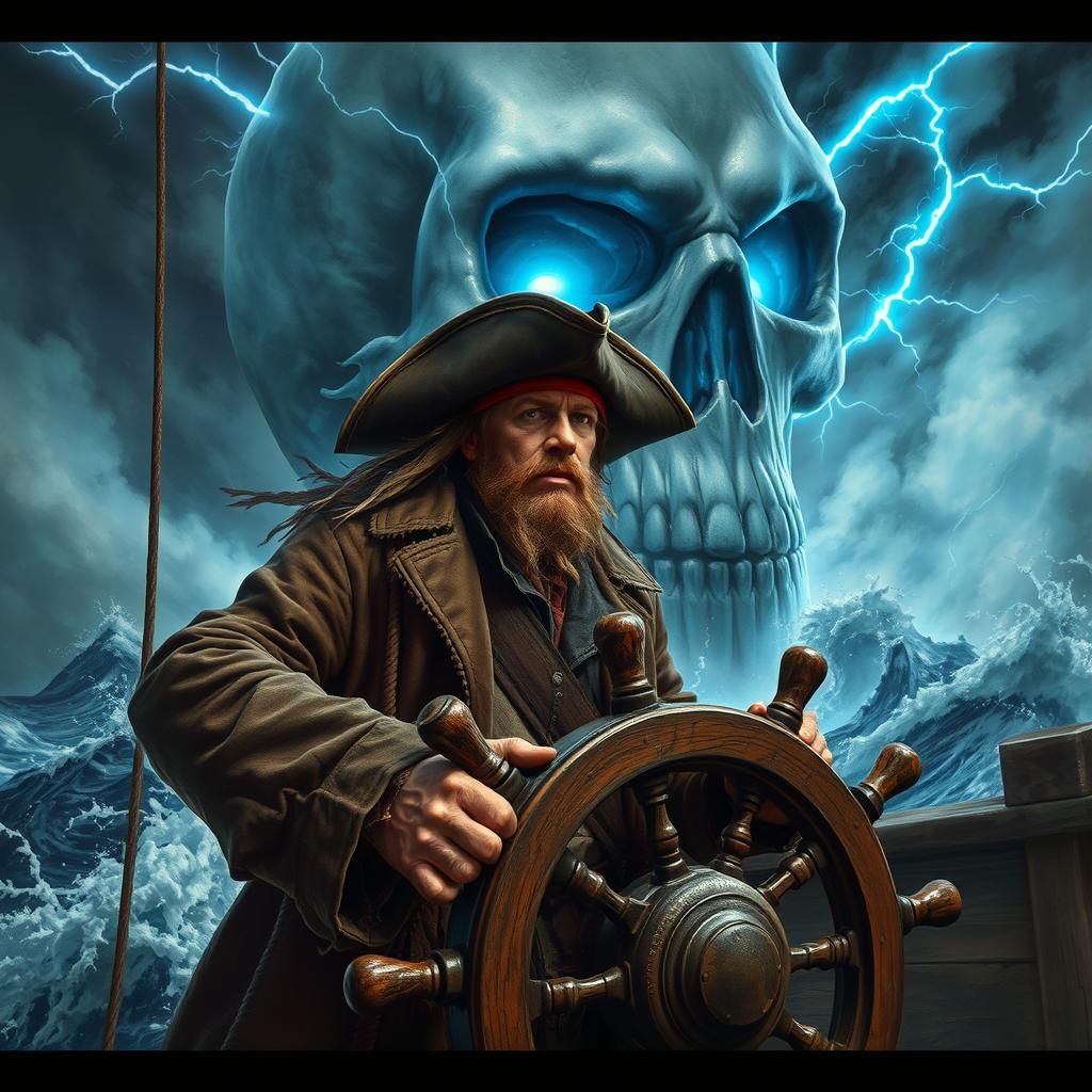 Pirate Captain Faces Stormy Skull Sea, Dramatic Art