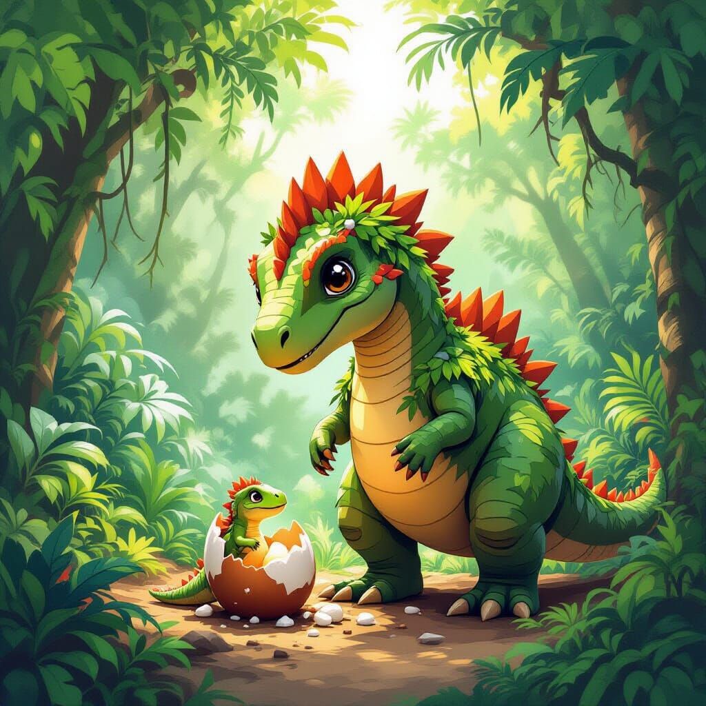 Gentle Giant Dinosaur Assists Hatching in Lush Jungle