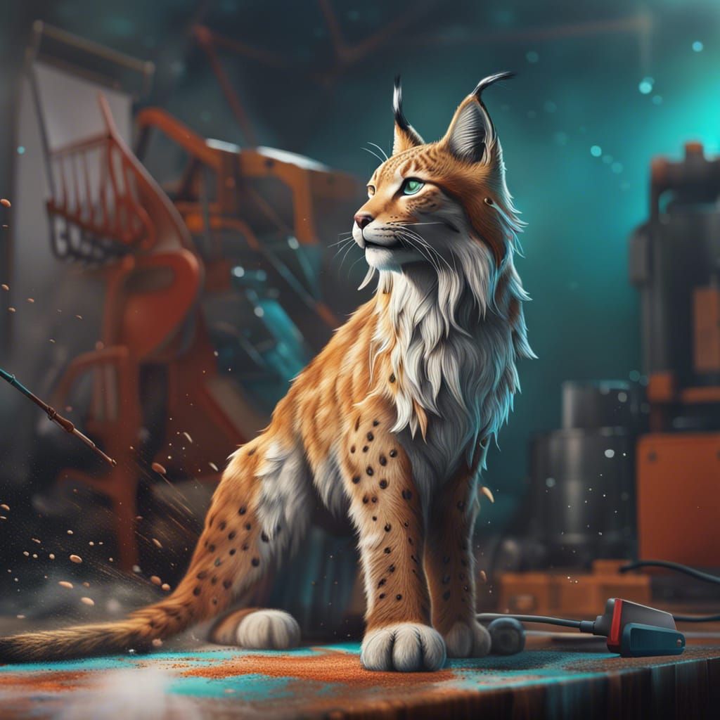 Lynx Using Pressure Cleaner in Splash Art Style