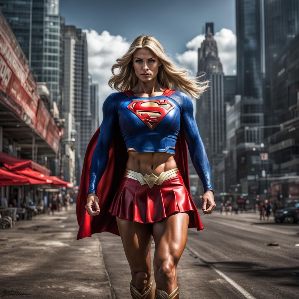 Hyperrealistic Supergirl in Red Miniskirt
