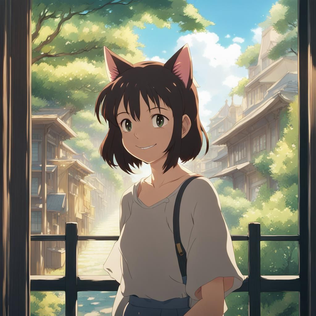Anime Catgirl Smile in Studio Ghibli Style