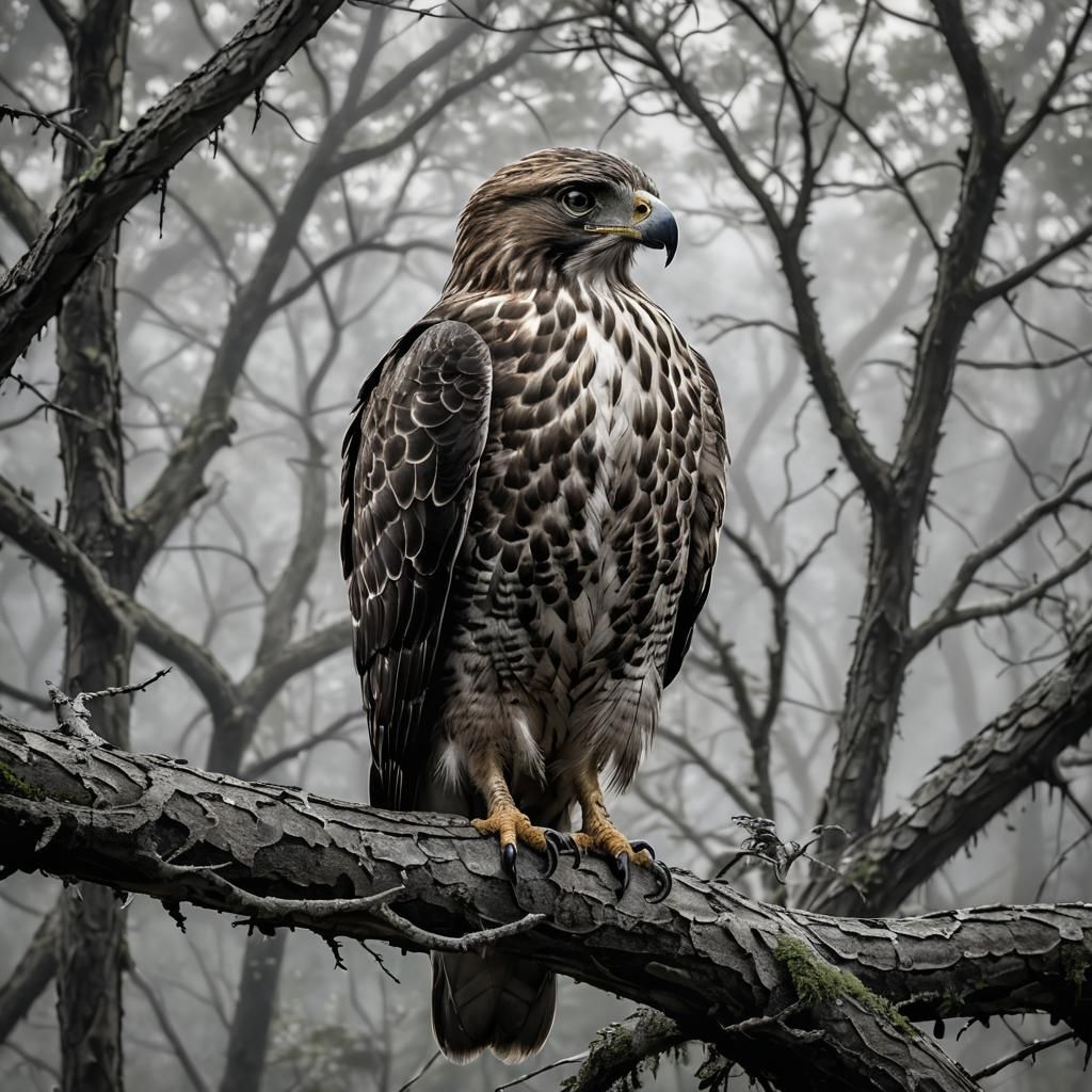 Detailed Hawk with Tribal Markings in Misty Forest