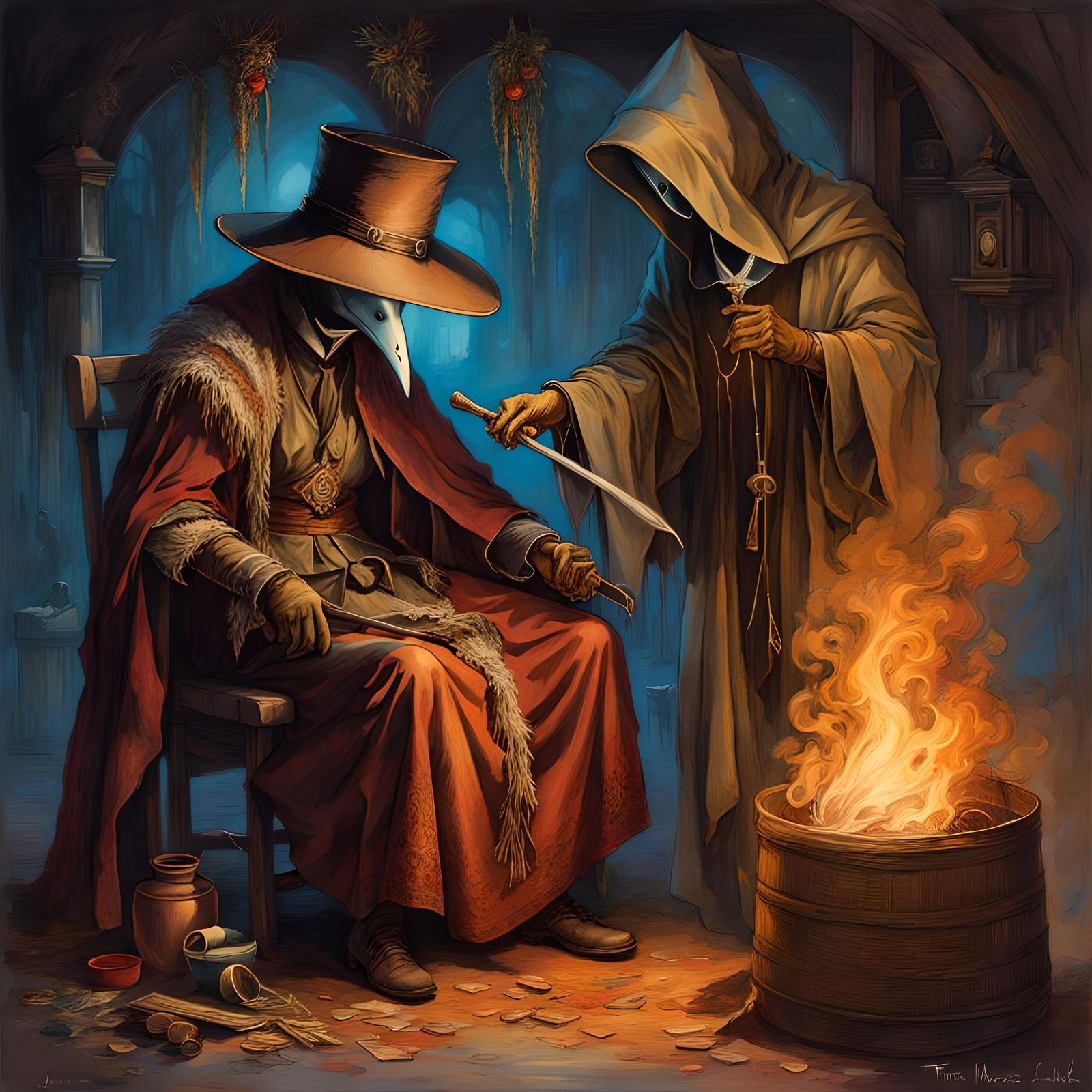 Aboriginal Plague Doctor Casting Spells, Watercolor Style