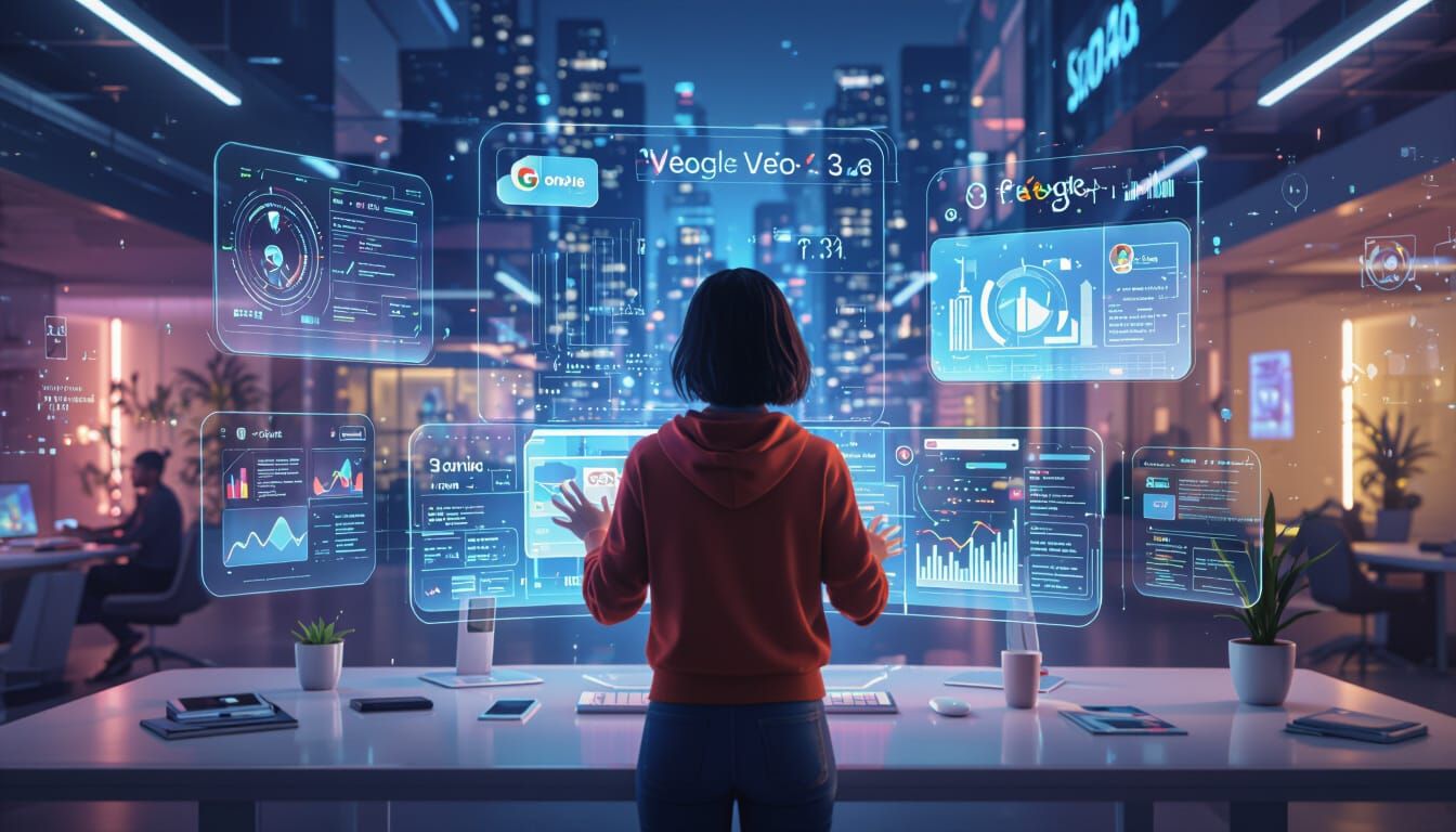 Futuristic Digital Workspace with AI Assistants and Holograp...