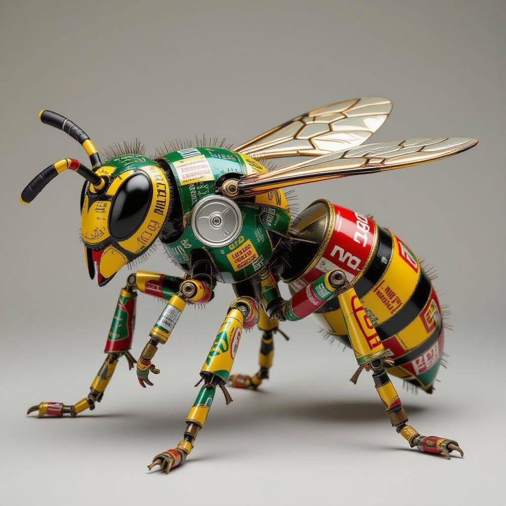 Wasp Sculpture Assembled from Soda Cans