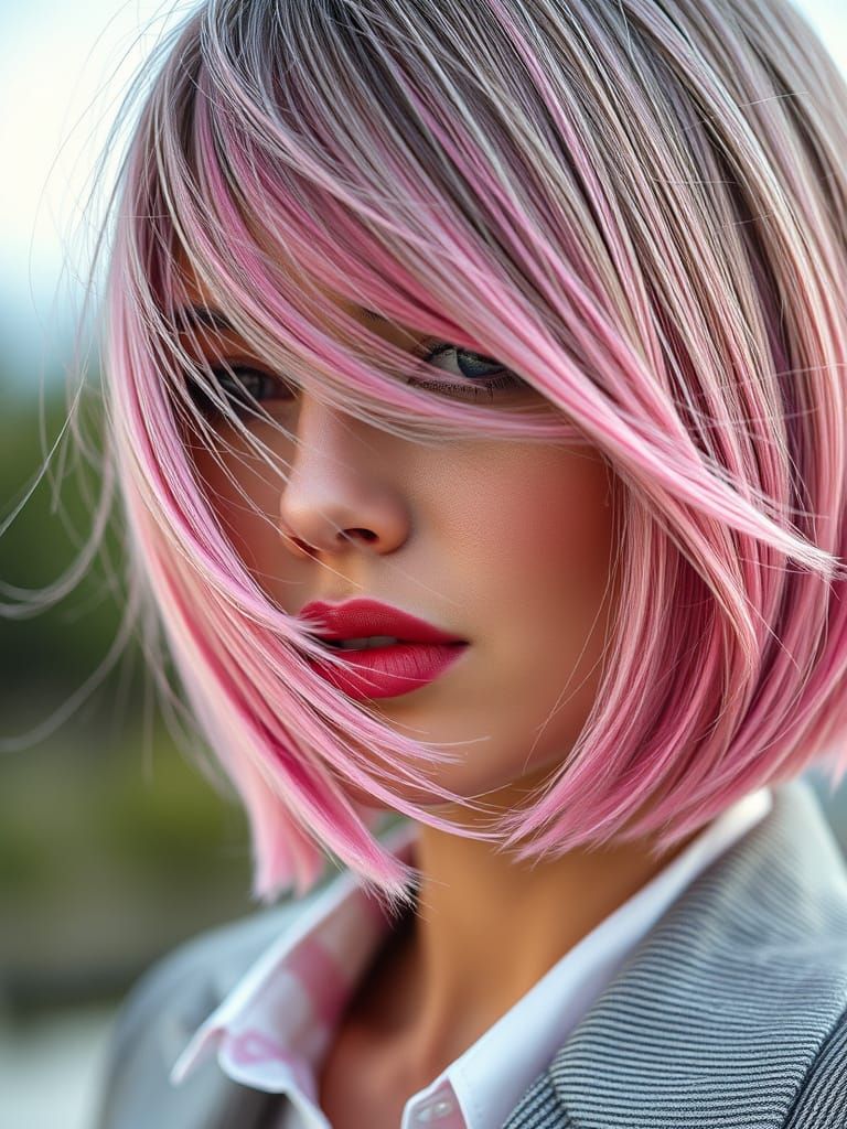 Spanish Model with Pink Silver Ombre Bob Hair