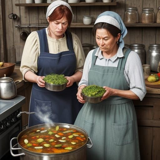 Women Canning Vegetables in Primitive Kitchen