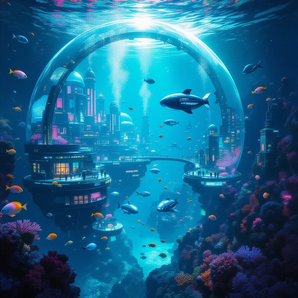 Underwater City in Bioluminescent Sphere: Digital Matte Pain...