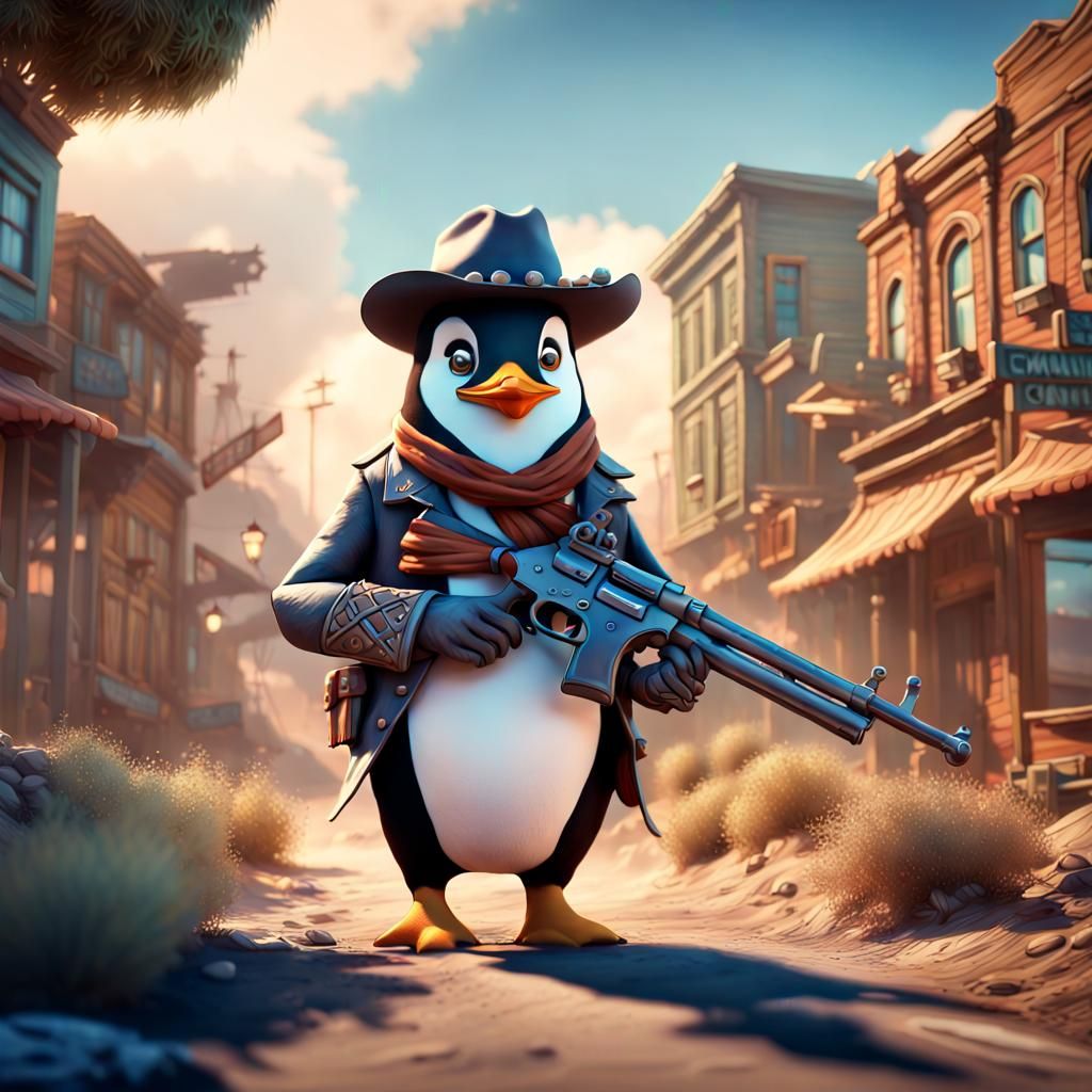 Cute Cowboy Penguin in Western Scene: Digital Art