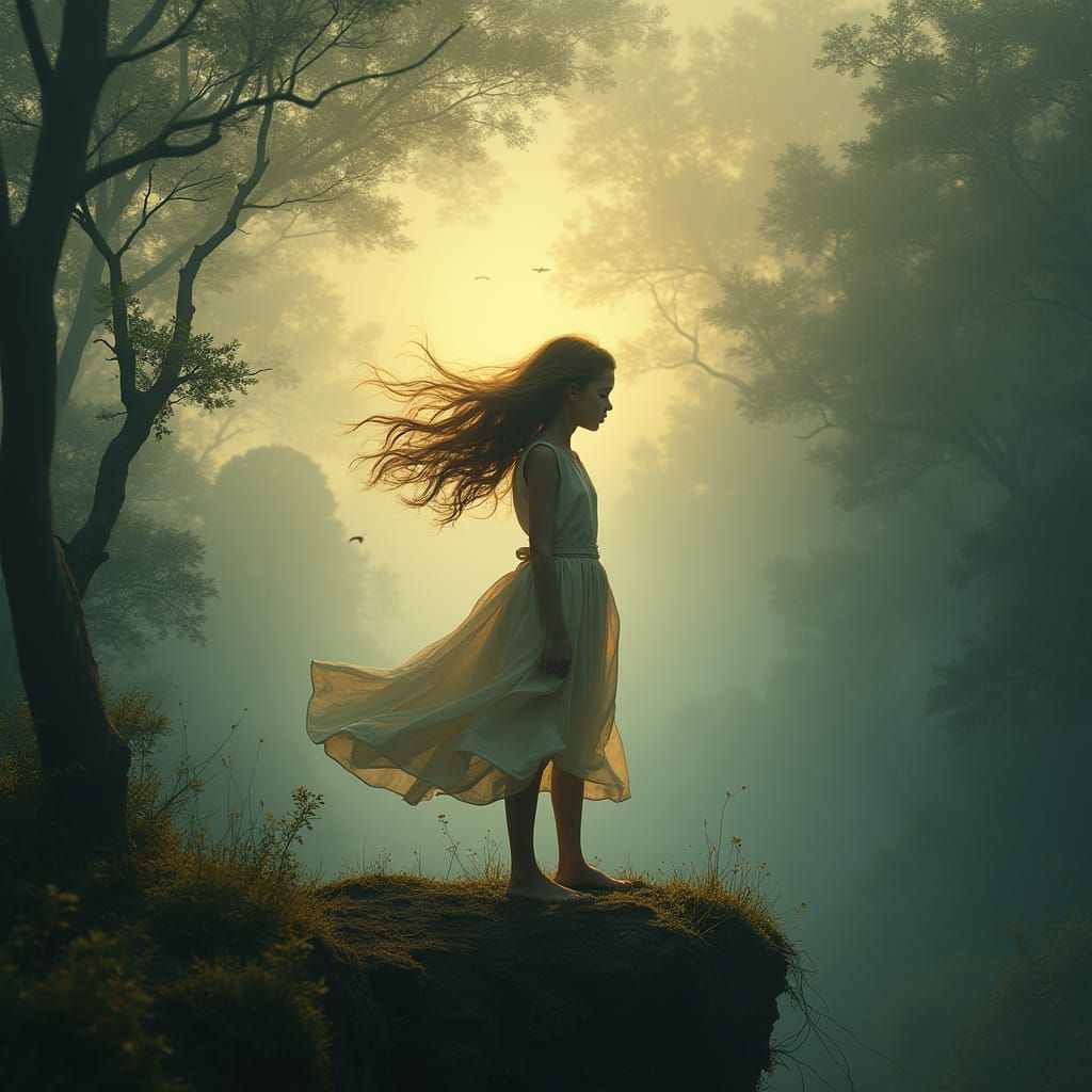 Mystical Forest Vista with Windswept Girl
