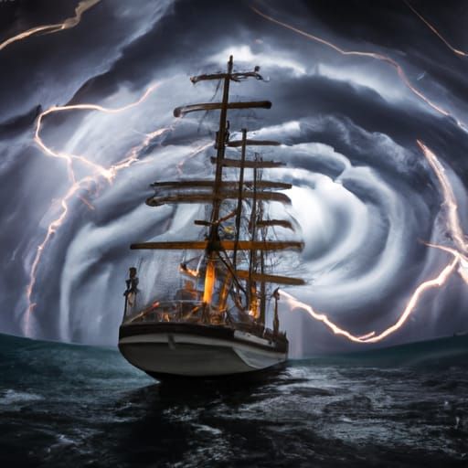 Tall Ship Navigating a Giant Whirlpool in Storm