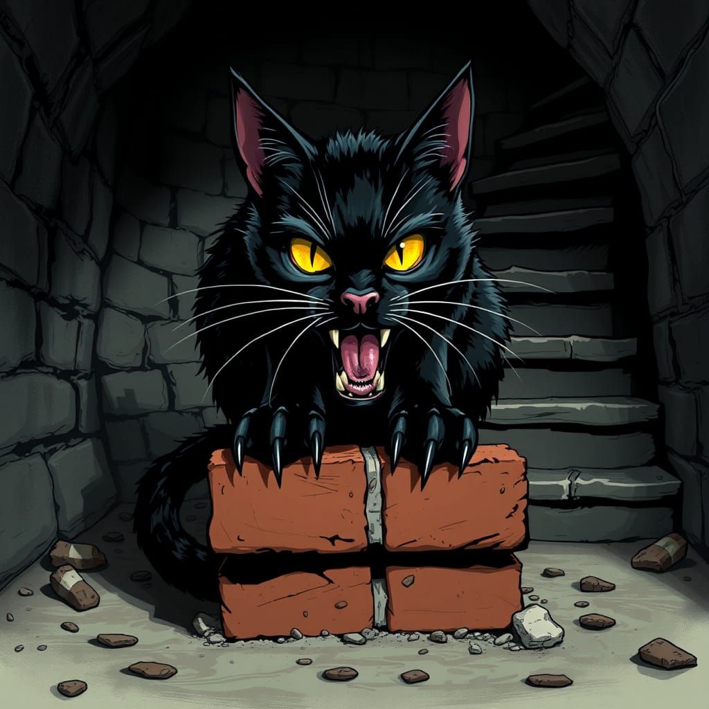 Eerie Black Cat in Gothic Cellar Setting