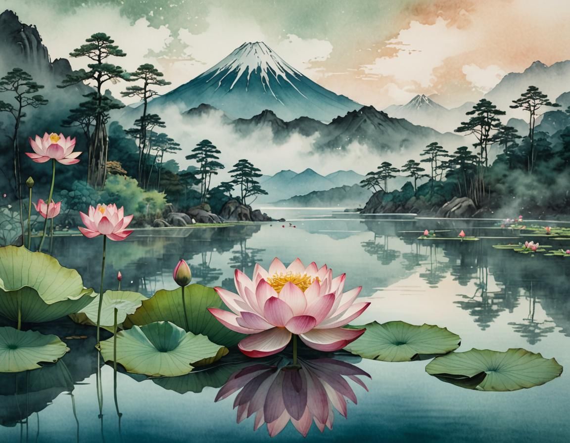 Ethereal Lotus Flower in Japanese Watercolor Landscape