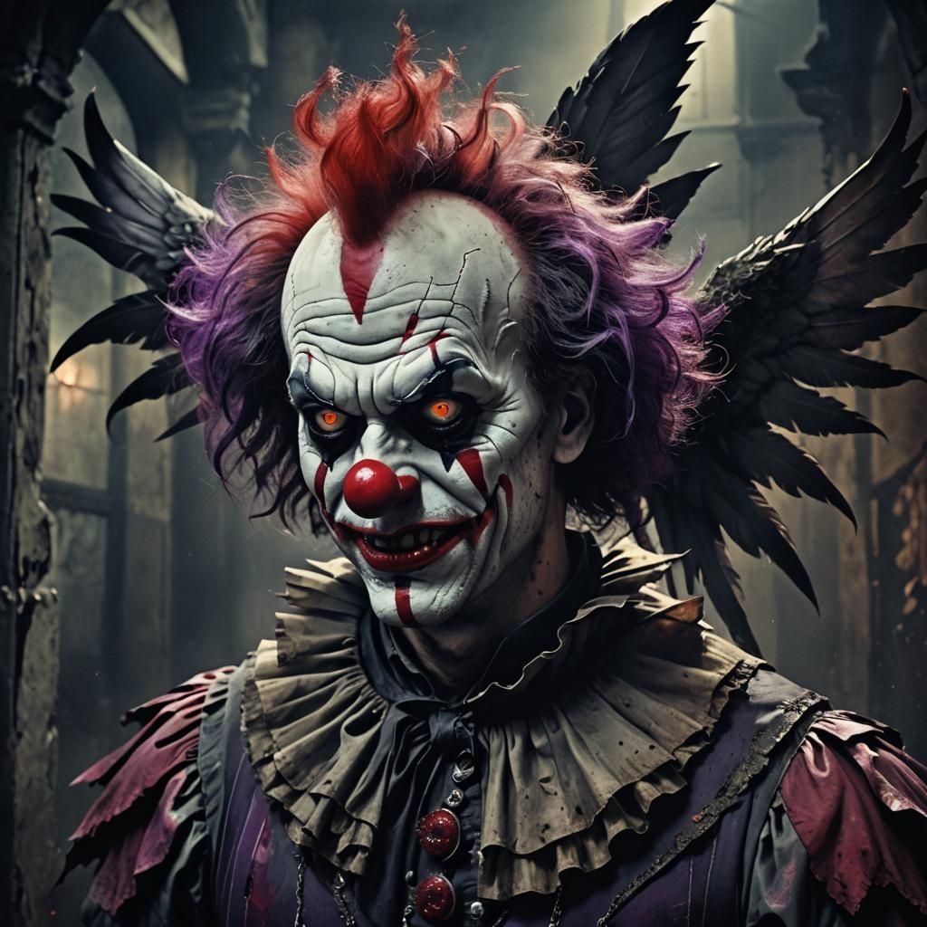 Evil Clown with Angel Wings in Dark Fantasy Style