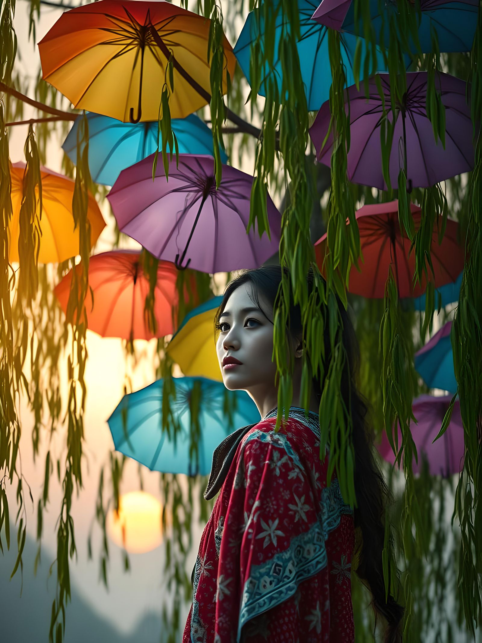 Young Woman Under Umbrella Tree at Sunrise