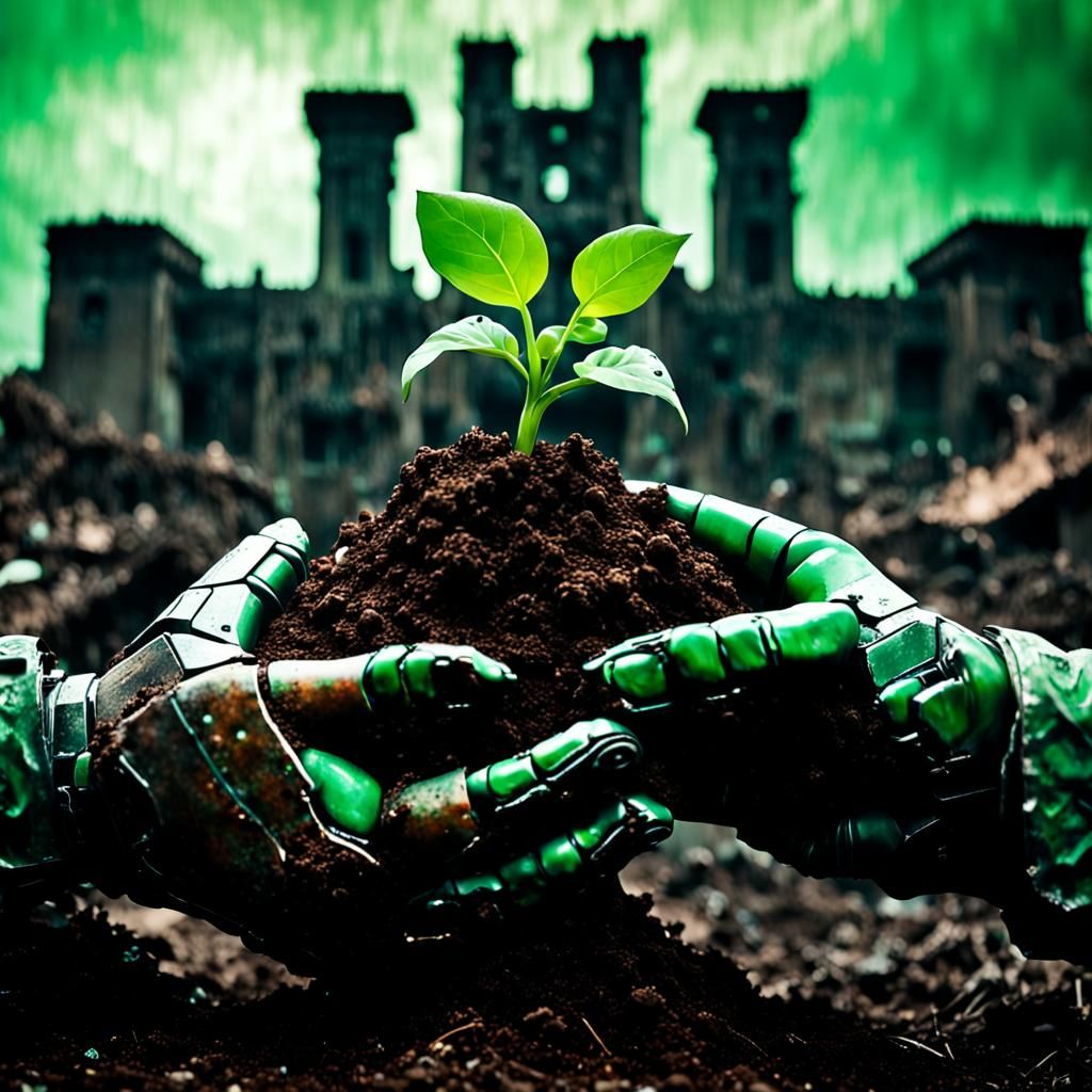 Cyborg Hands Nurturing Life in Dystopian Ruins