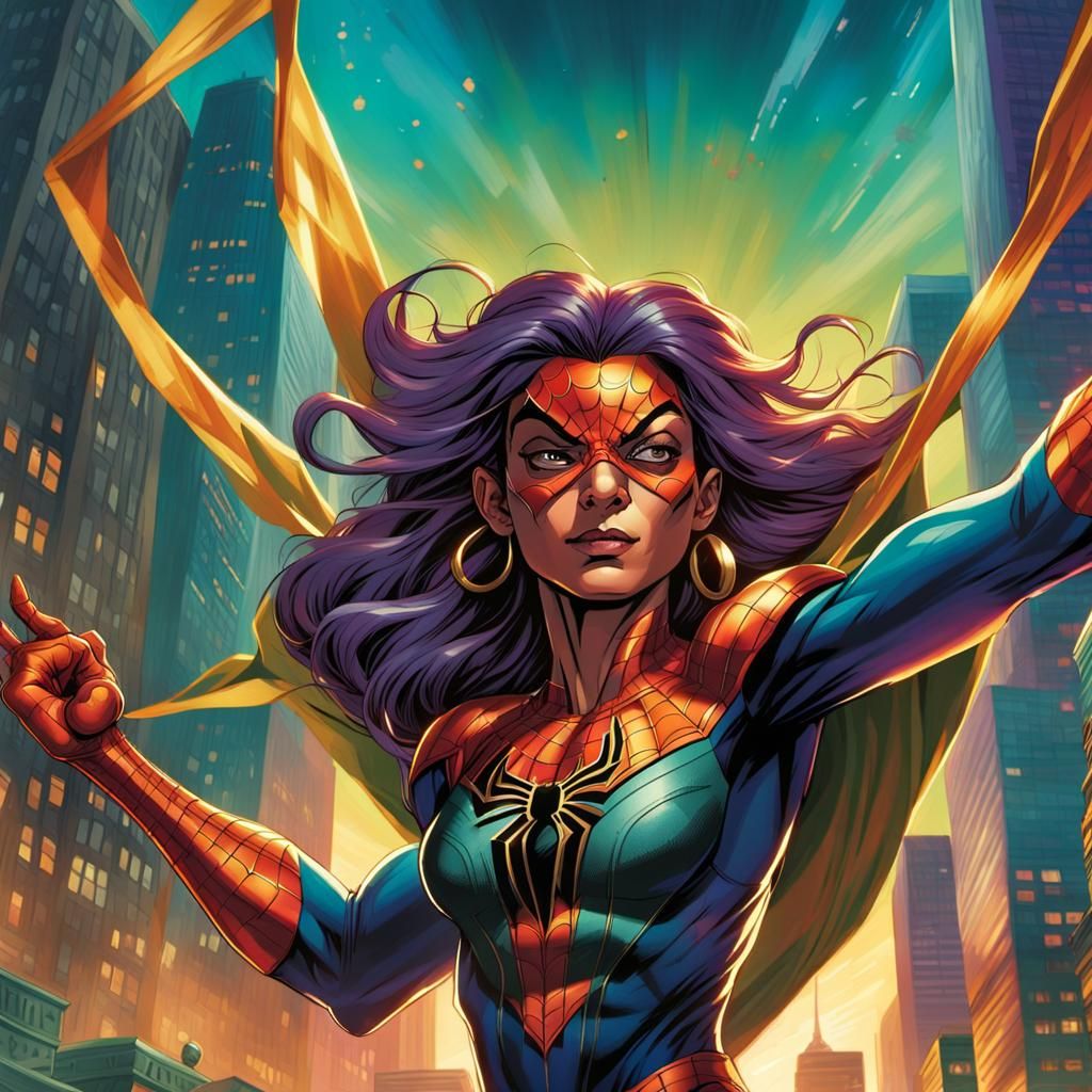 Spiderman Swings Through City: Comic Book Art