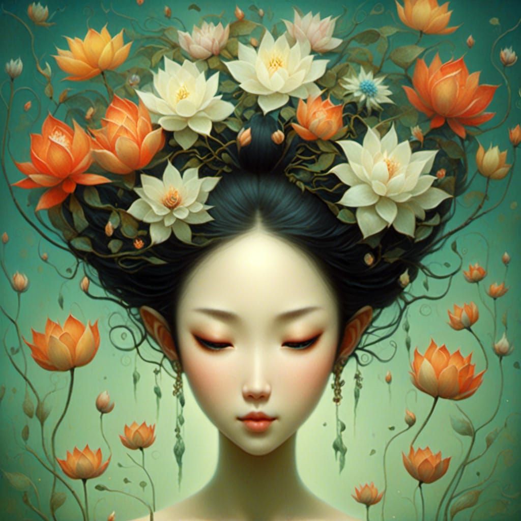 Floral Haired Lady in Watercolor Style