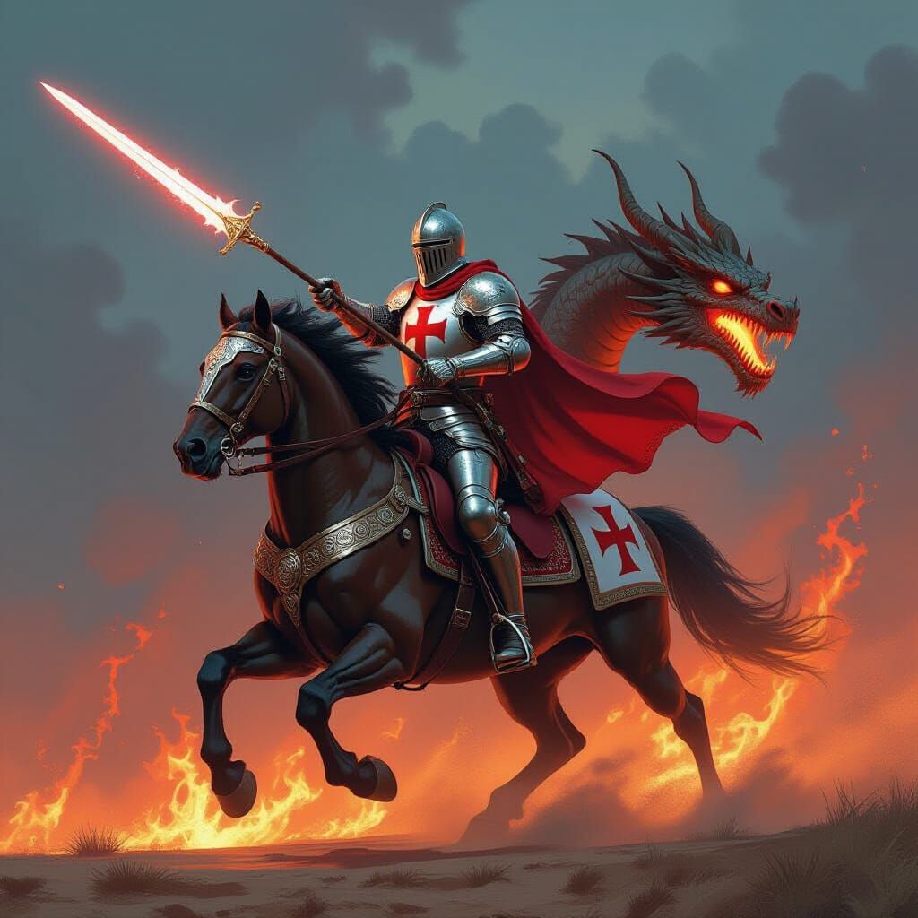 Knight Templar Charging Dragon in Hyperrealistic Style