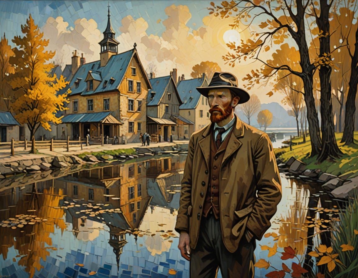 A Man Stands Beside a Fractal Bloom near a Tranquil Lake in...