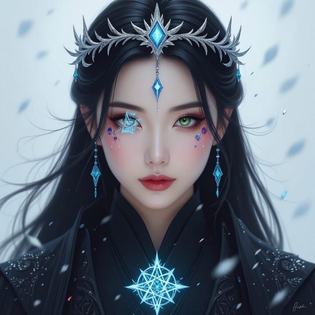 Asian Woman in Black Robes with Ice Diadem