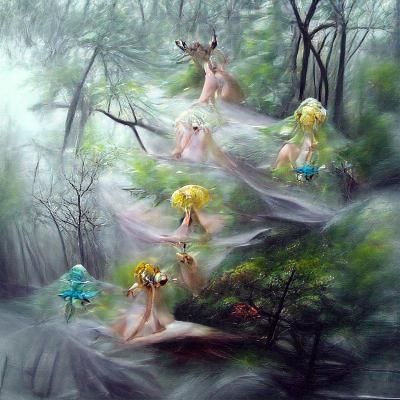Fairies in Misty Forest, Hyperrealistic Image