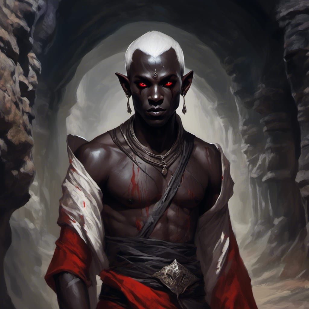 Scarred Drow Monk in an Underground Cave
