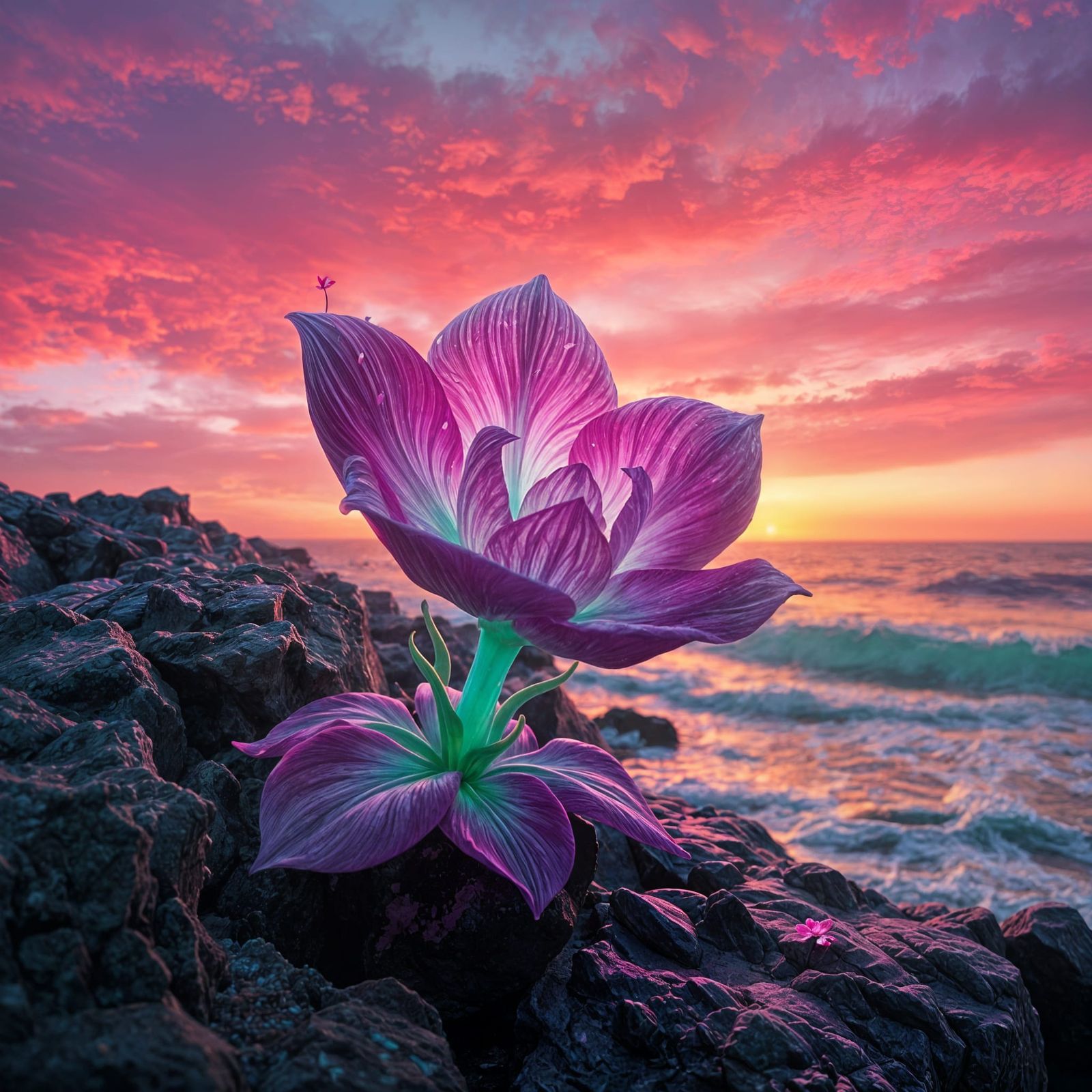 Vibrant Turquoise Flower Blooms Amidst Sunset Hues in a Fant...