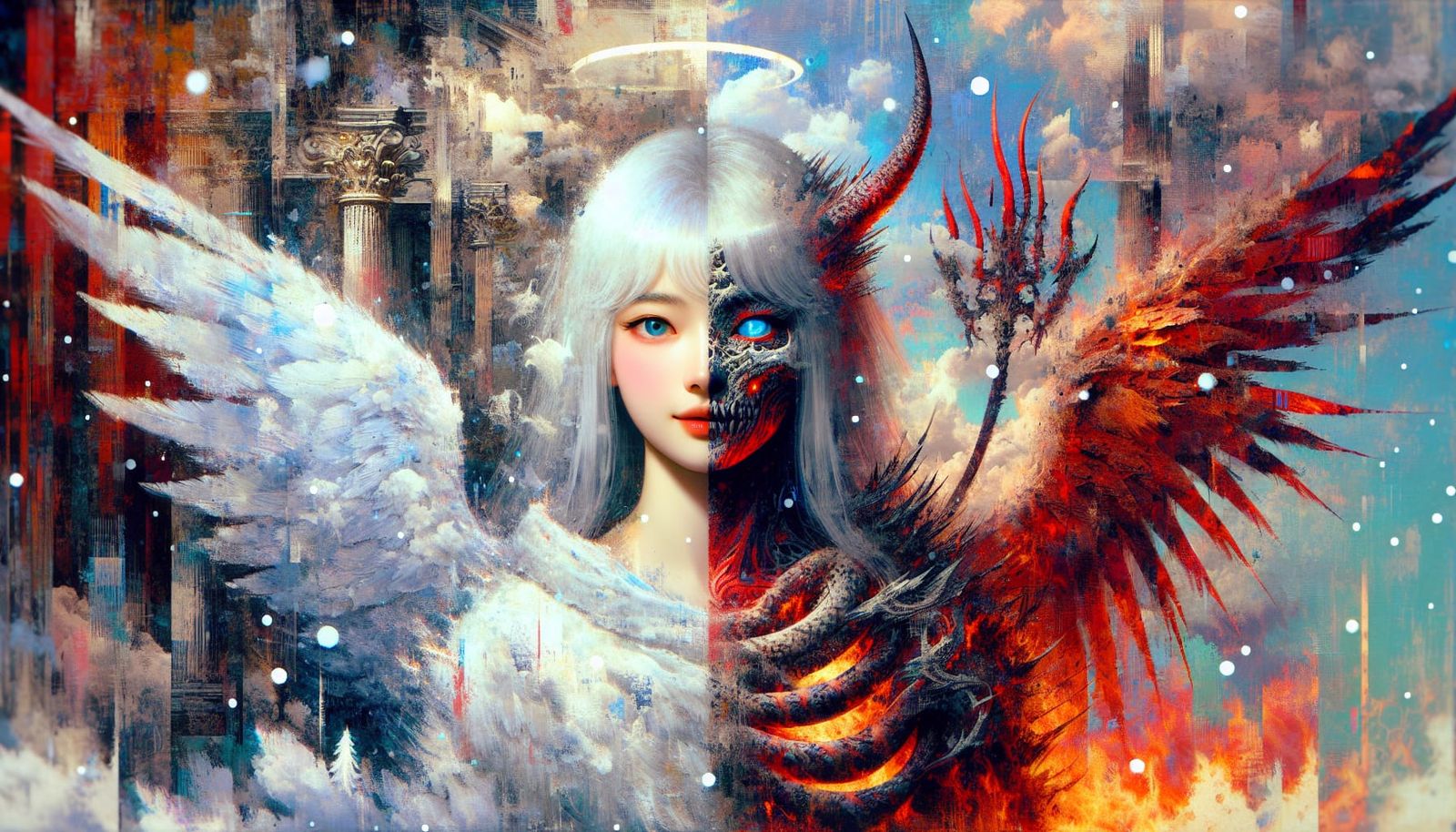 Surreal Angel and Demon Portrait in Manhwa Style