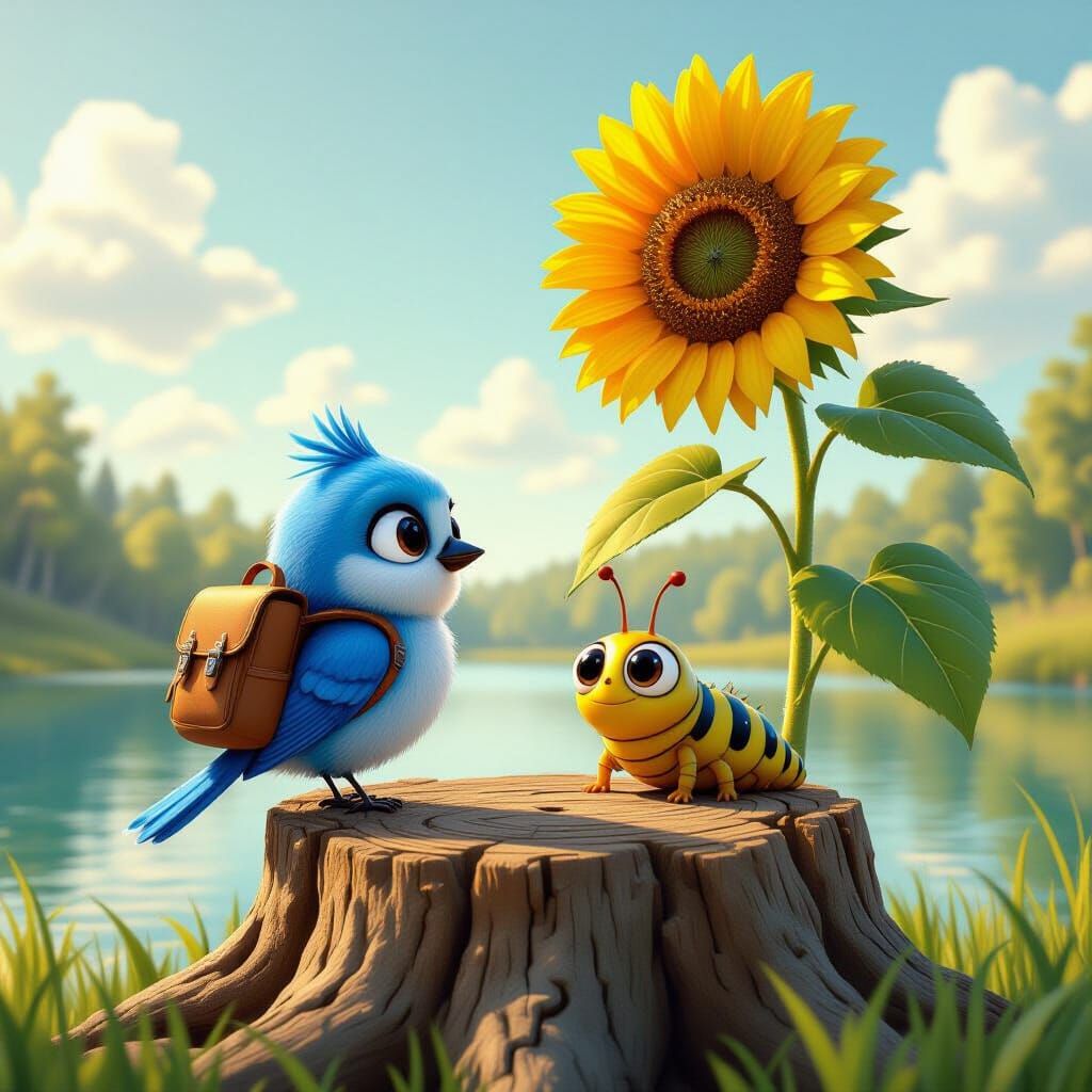 Cute Blue Bird & Caterpillar on Stump with Sunflower, Pixar ...