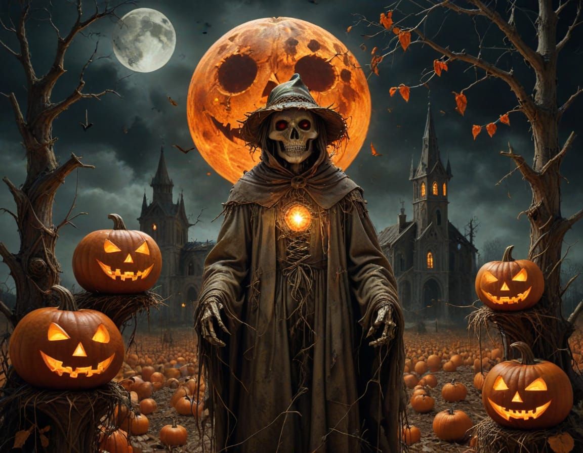 Gothic Scarecrow Phantom in Crumbling Cathedral Ruins