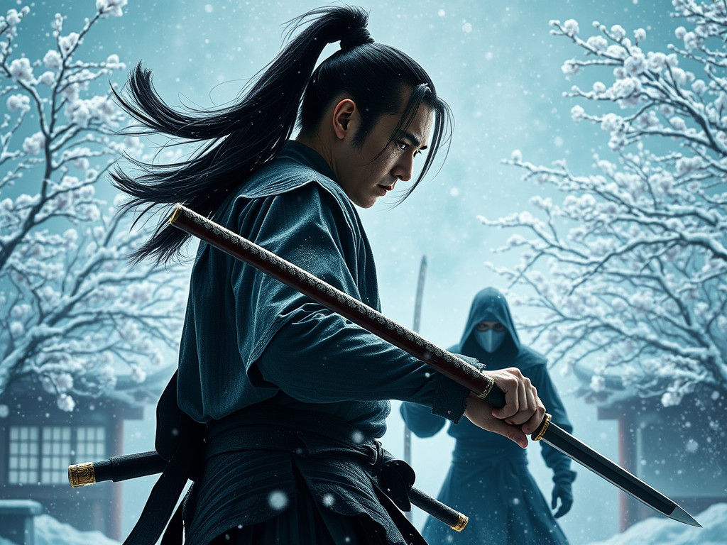 Epic Dark Fantasy Duel in Snowy Cherry Blossom Dojo