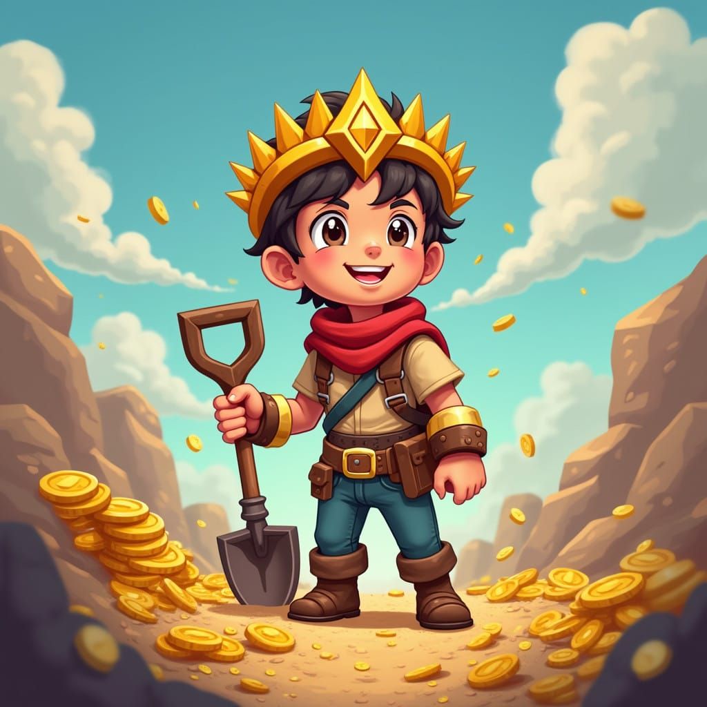 Joyful Young Adventurer Holds Golden Laurels and Shovel Amid...