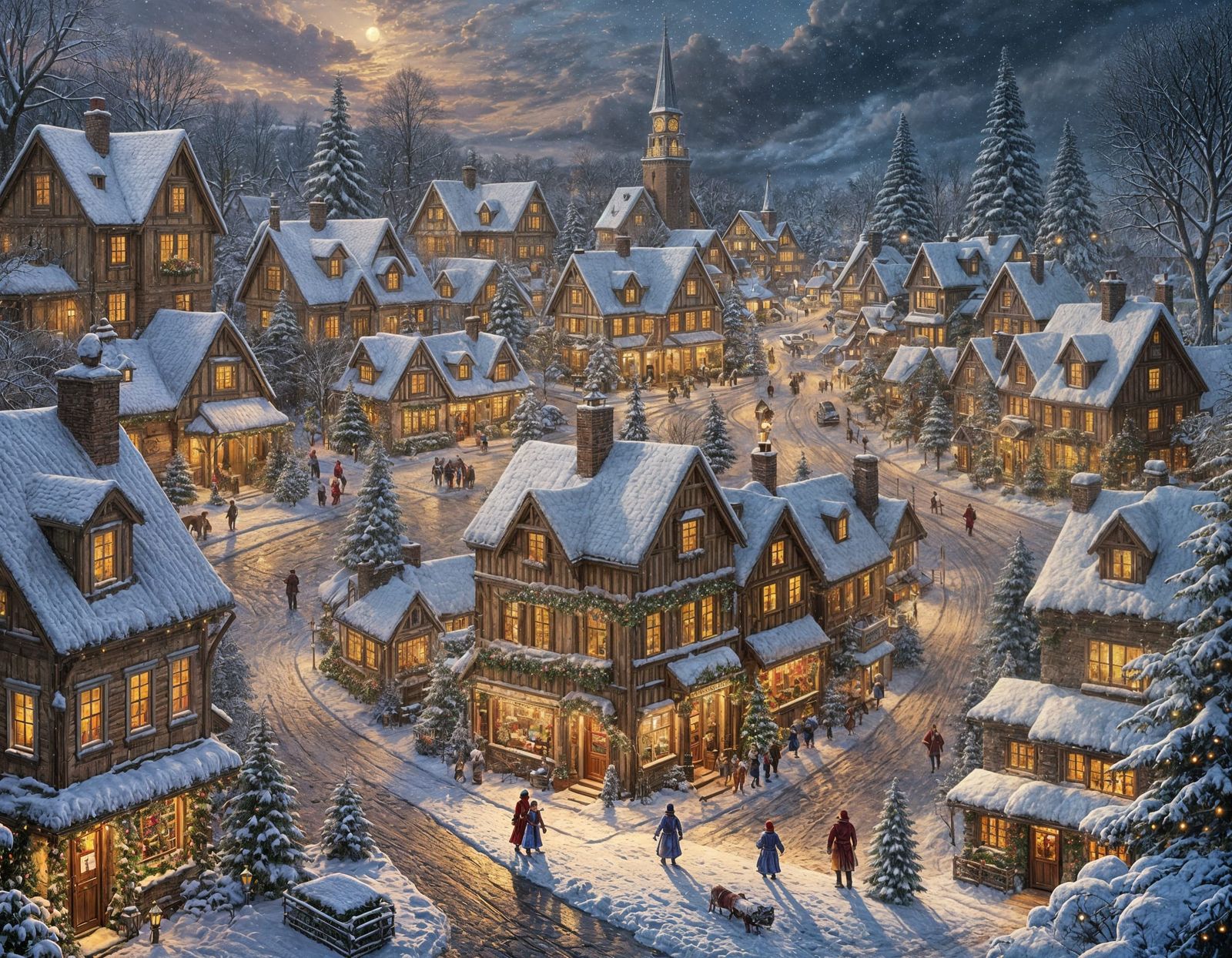 Victorian Christmas Village at Night in Kinkade Style