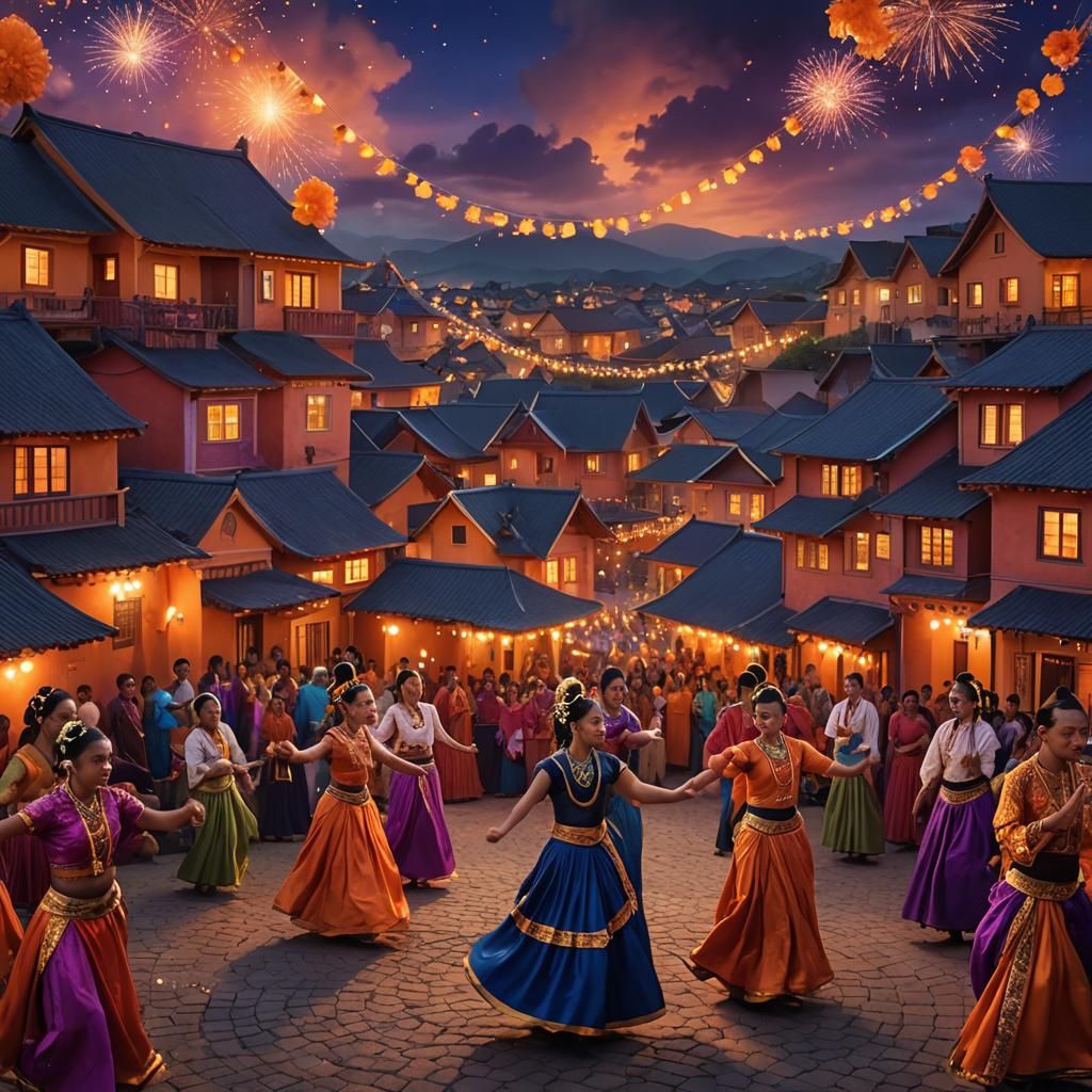 Festive Night: Dancers and Giant Candle