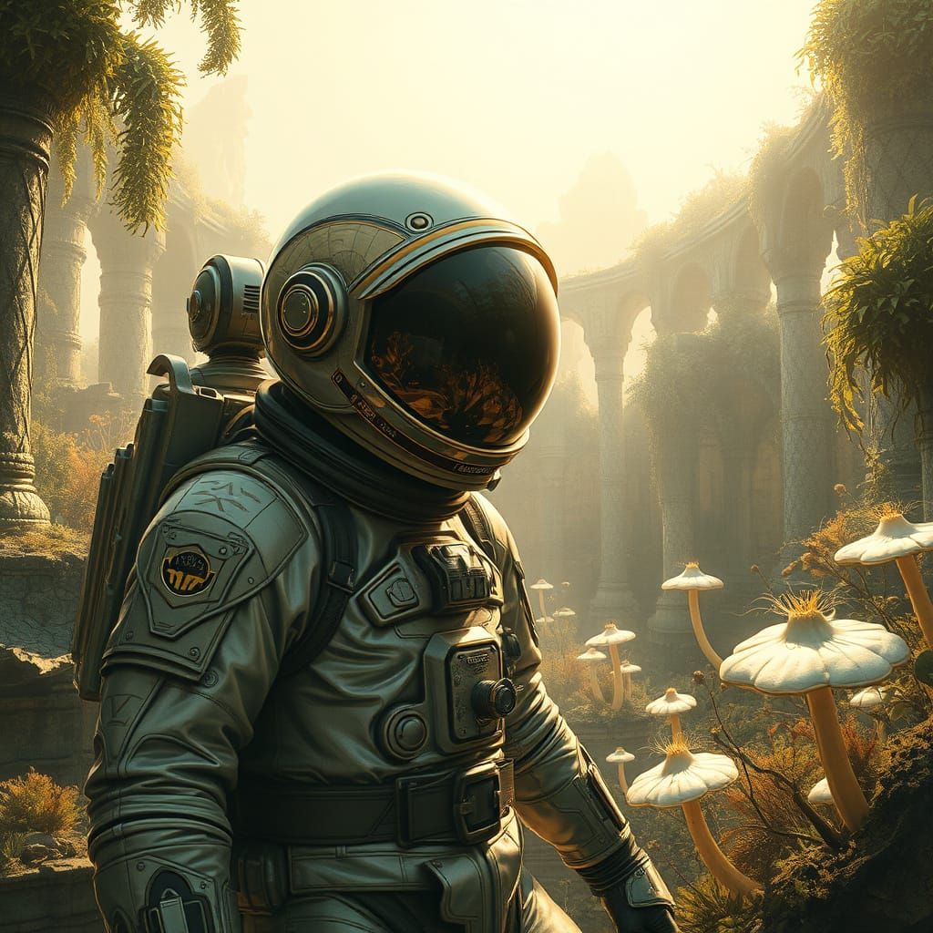 Astronaut Explores Alien Ruins in Pre-Raphaelite Style
